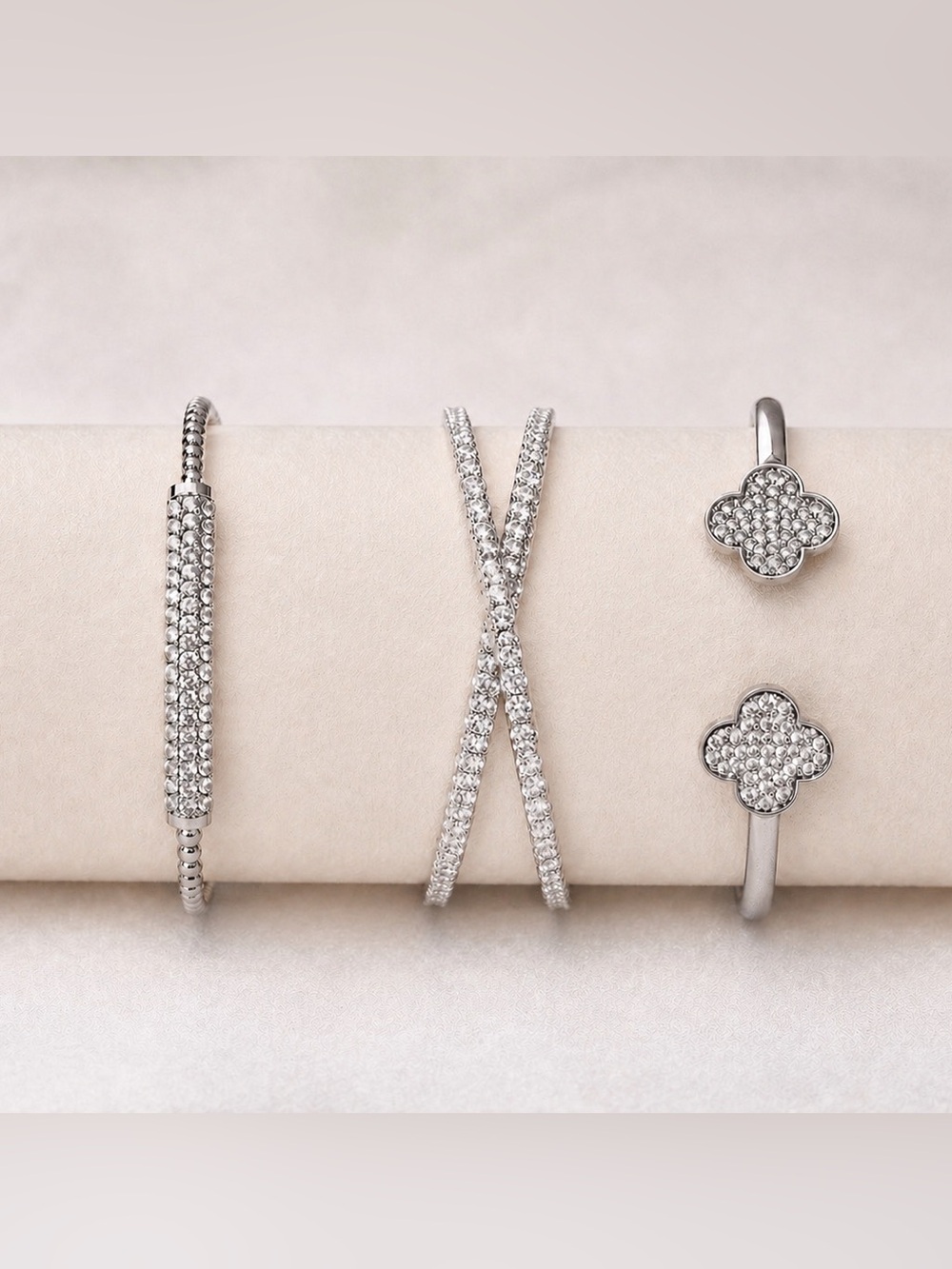 Fashion Jewelry Silver Crystal Bracelet Trio - Clear Stones